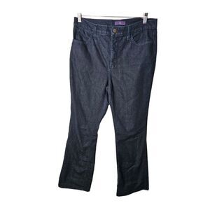 NYDJ Jeans Flare Mid Rise Lift Tuck Tech Dark Wash Embellished Pockets Size 8